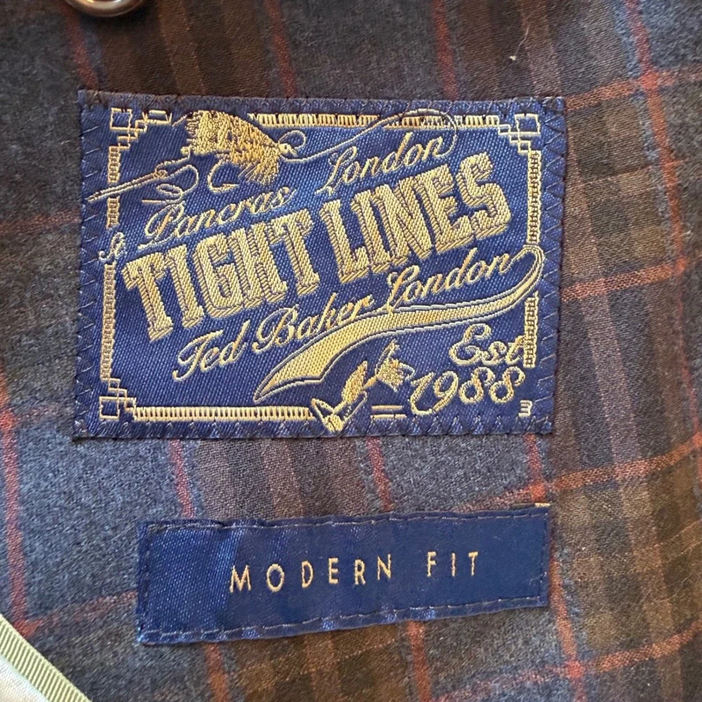 Ted Baker Tight Lines Blazer 38R Blue Brown Plaid Windowpane Preppy Sport Coat